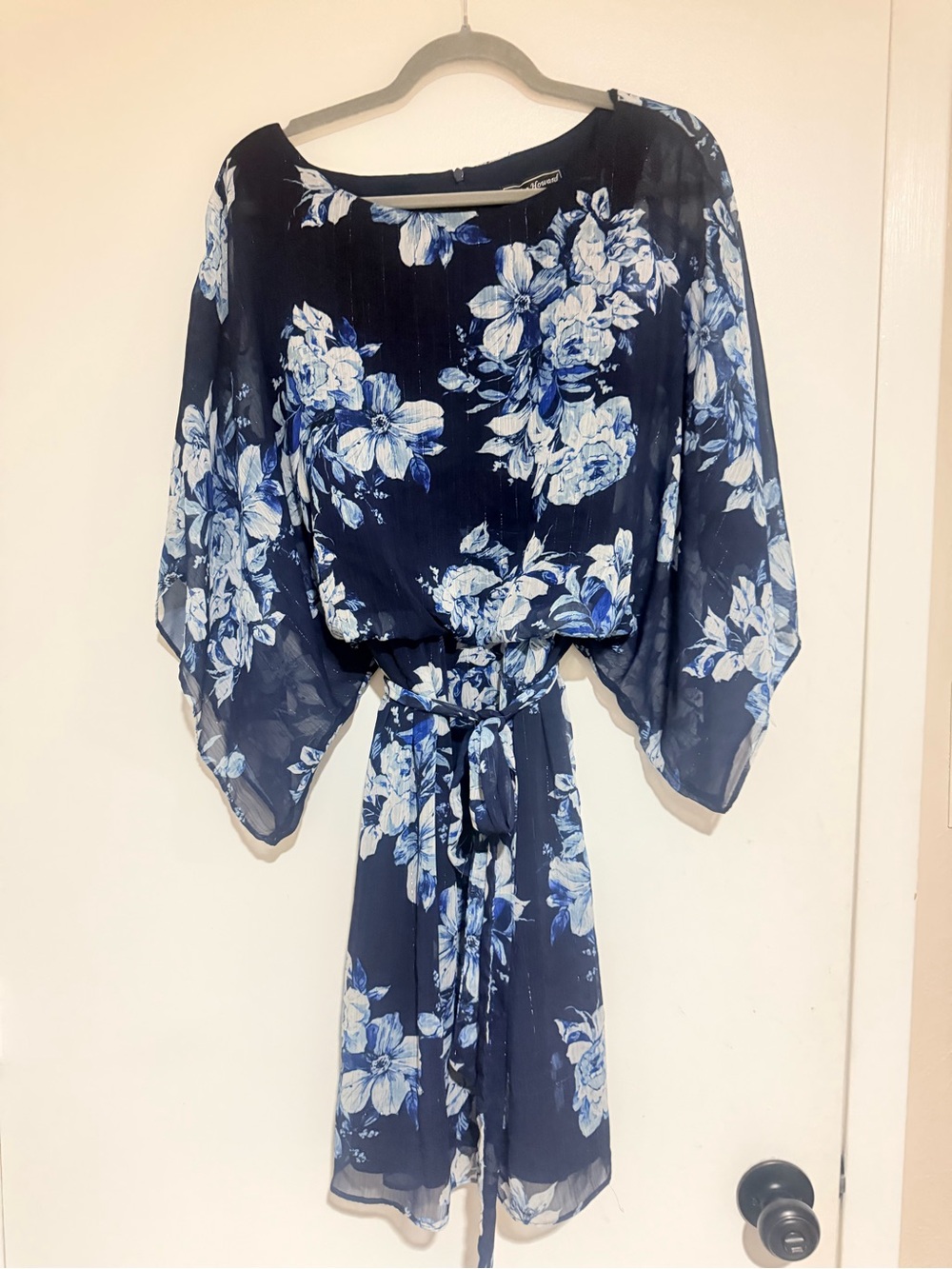 Jessica Howard Navy Blue and White Floral Sheer Chiffon Belted Dress